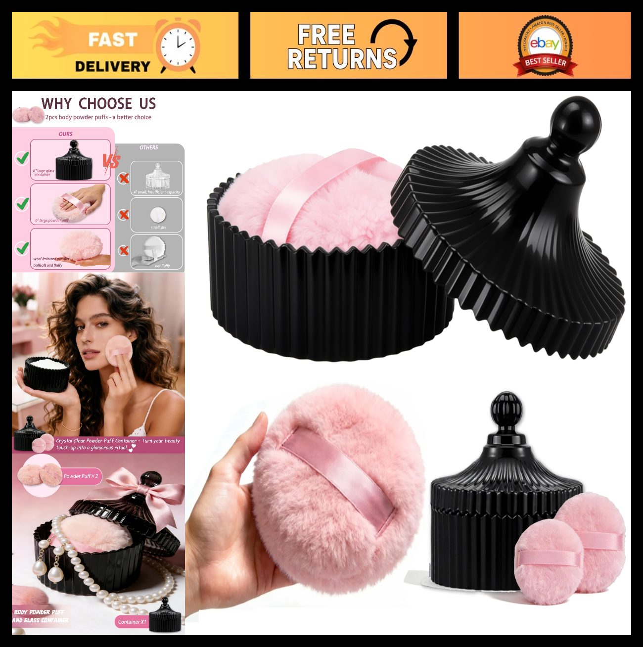 Large Glass Dusting Powder Jar Set 3Pcs with Soft Puffs - Reusable Makeup Gift0