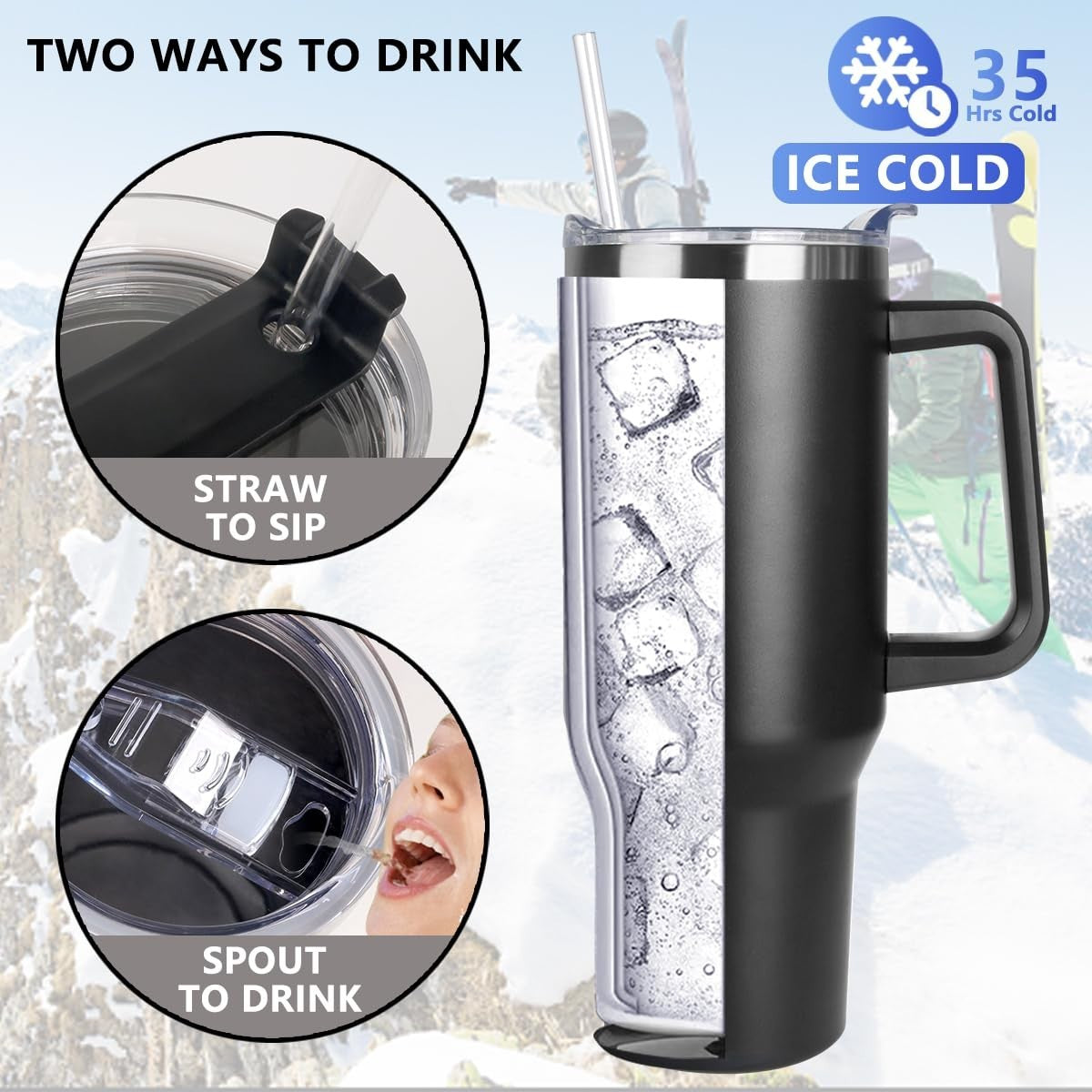 40 oz Insulated Tumbler with Handle & Straw   Leak Proof, Dishwasher Safe Travel3