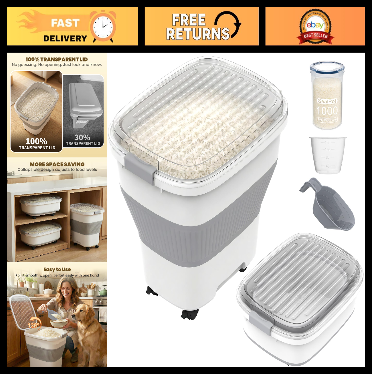 50Lbs Collapsible Airtight Rice Storage Container, Food Organizer, Space Saving0