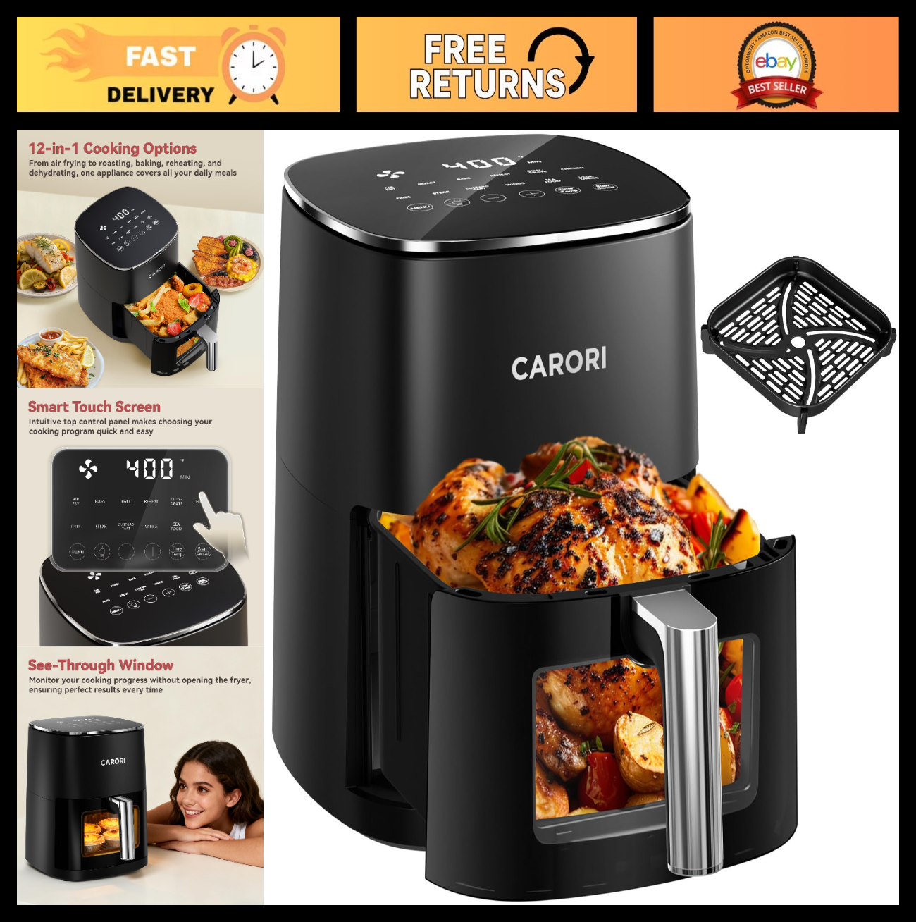 6 Qt Air Fryer with Viewing Window, 12 Cooking Presets, 1700W, Nonstick Basket0