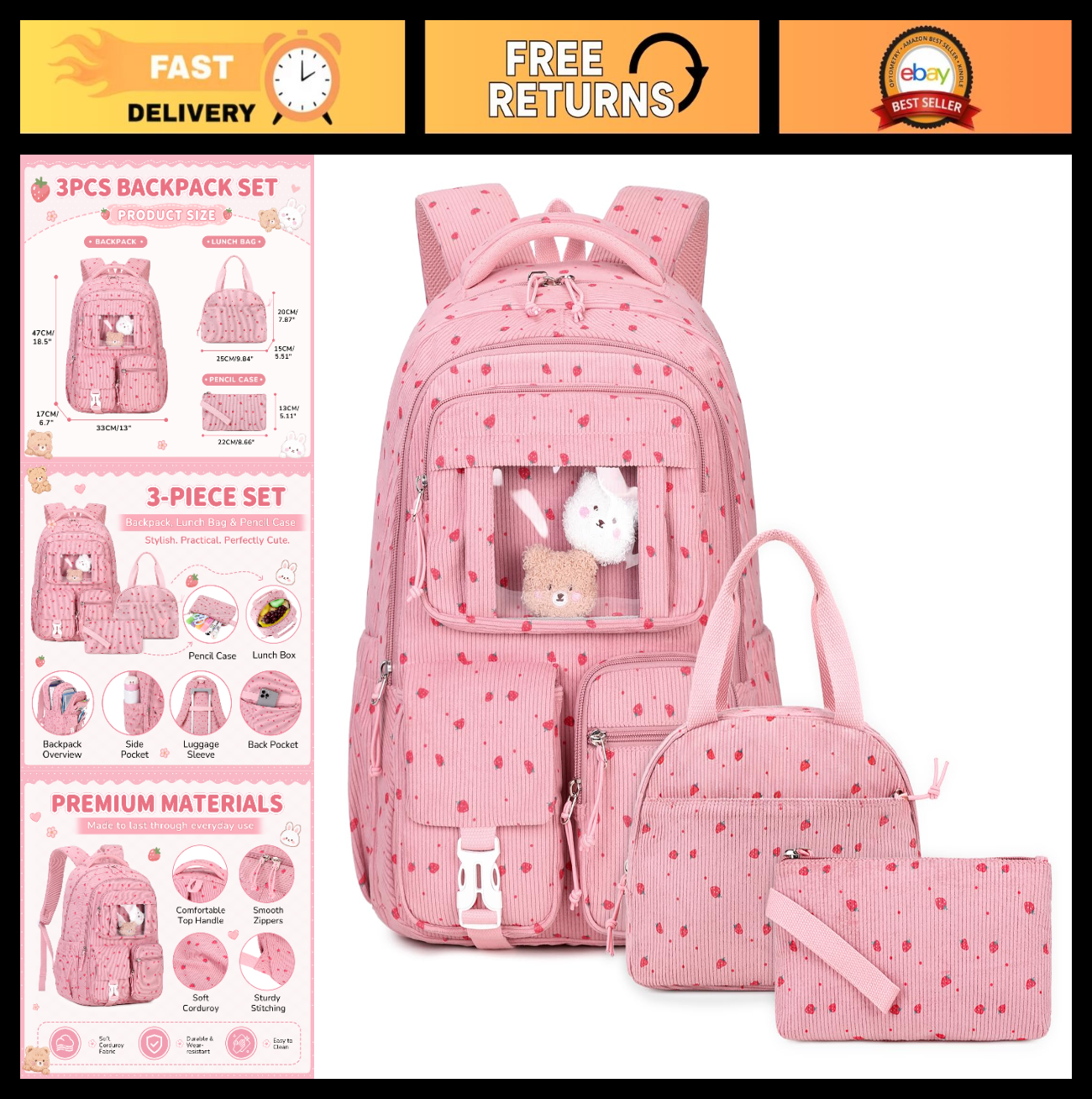Cute Kawaii Corduroy Backpack Set for Girls - 3PCS School Bag, Lunch Box & Penci0