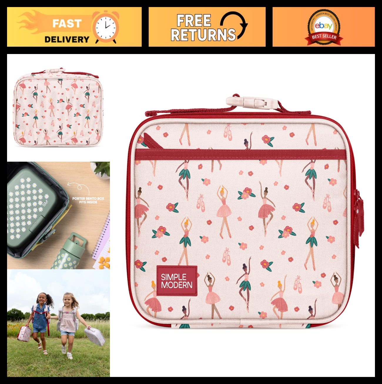 Insulated Kids Lunch Box & Bag Set - Ballerina Design, Fits Bento Containers, Pi0