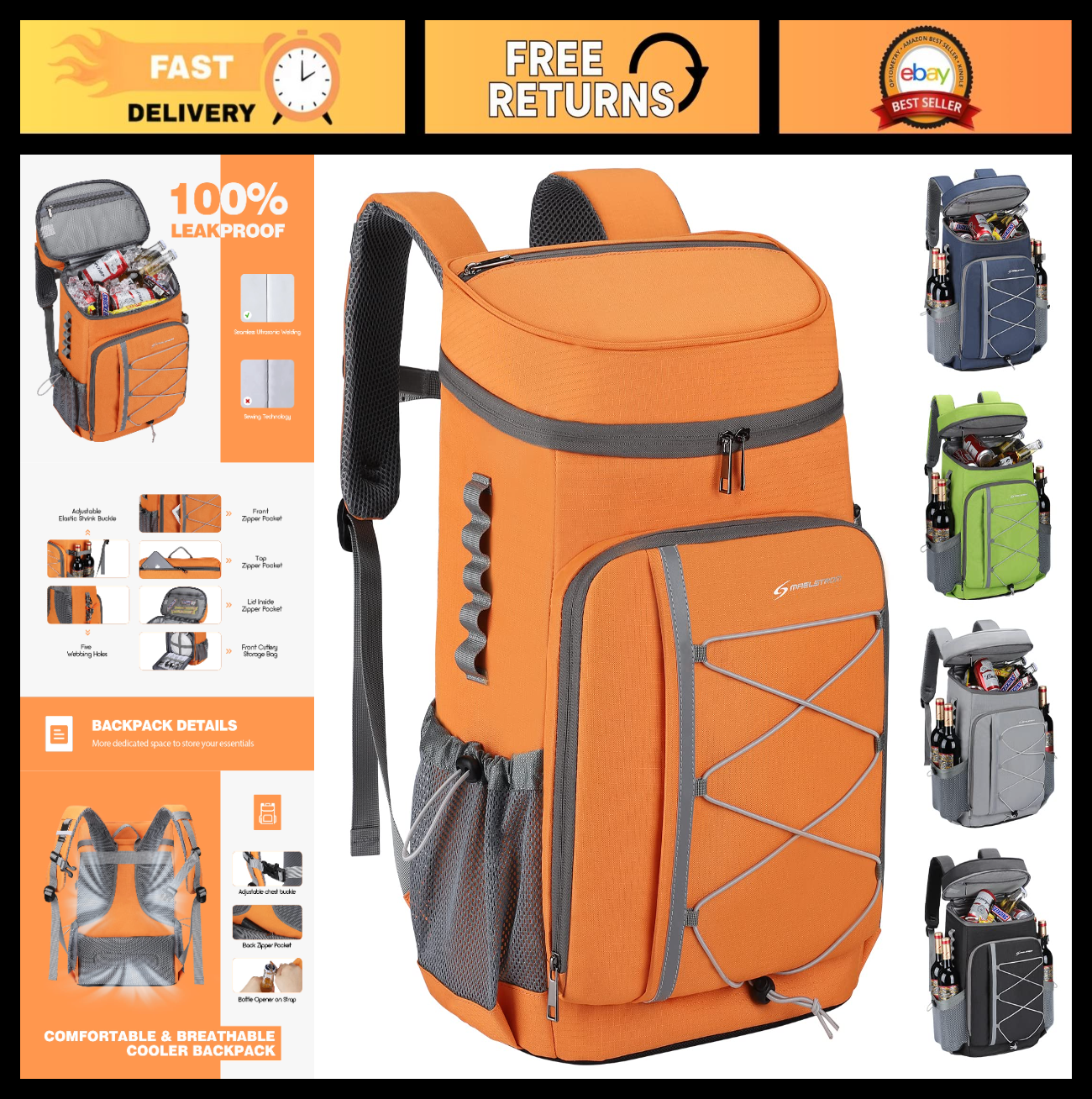 Insulated Soft Cooler Backpack - 35/50 Can Capacity for Camping, Hiking & Beach0