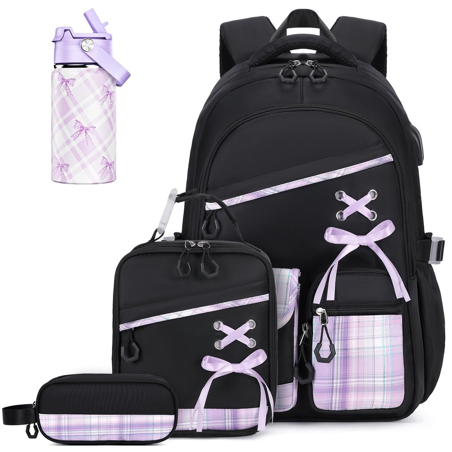 Stylish Girls Backpack Set with Insulated Water Bottle, Lunch Bag & Pencil Pouch1