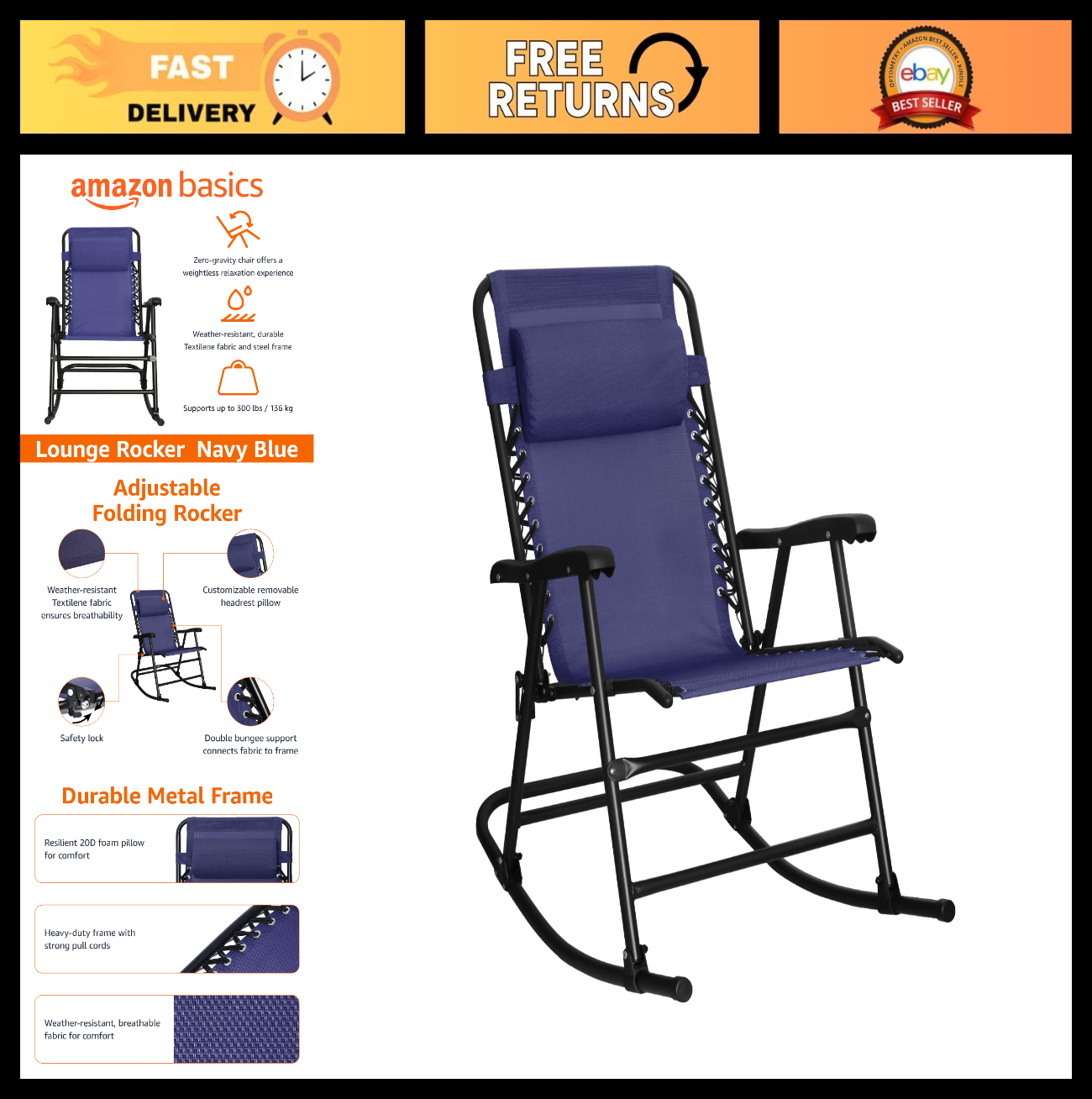 Outdoor Portable Folding Rocking Chair with Headrest, Ergonomic, Weather Resista0