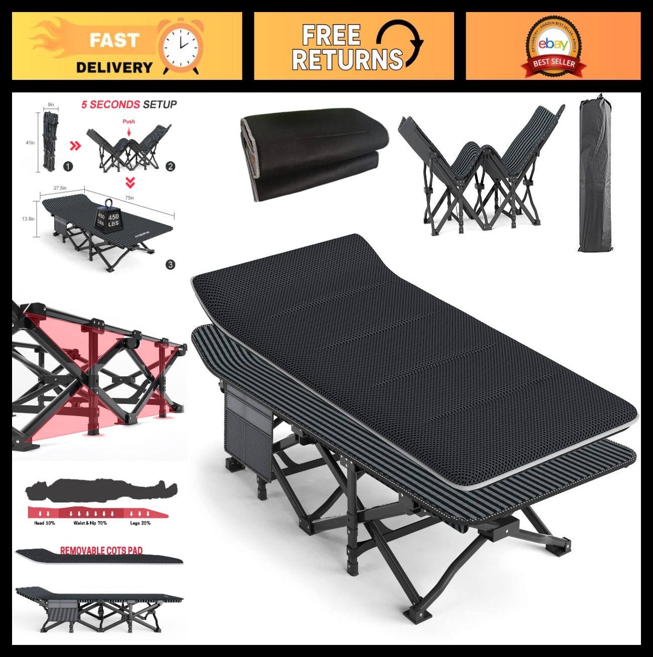 Heavy Duty Camping Cot for Adults   Portable Folding Bed with Cushion, 450LBS Su0