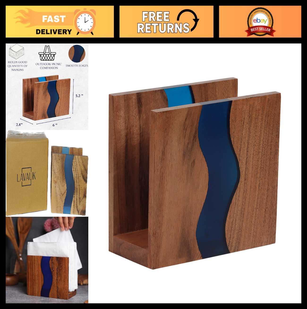Rustic Acacia Wood Napkin Holder with Blue Epoxy Resin - Farmhouse Table Organiz0
