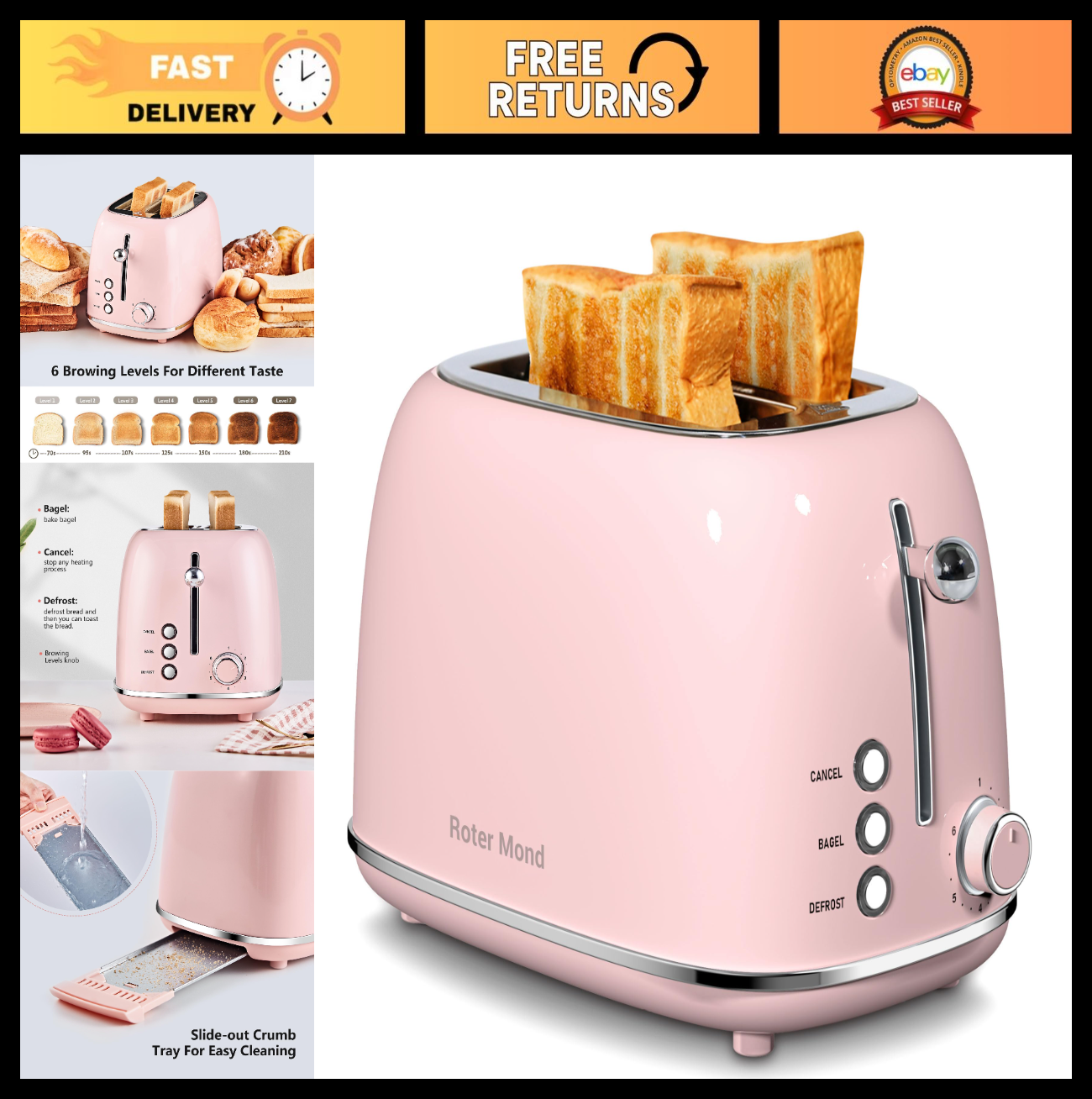 Retro Stainless Steel 2 Slice Toaster with Bagel, Cancel, Defrost, 6 Shade Setti0