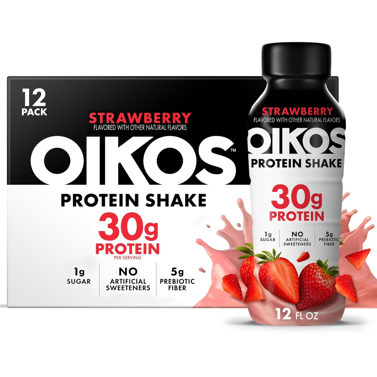 High Protein Strawberry Shake, Ready to Drink, 30g Protein, 5g Prebiotic Fiber,1