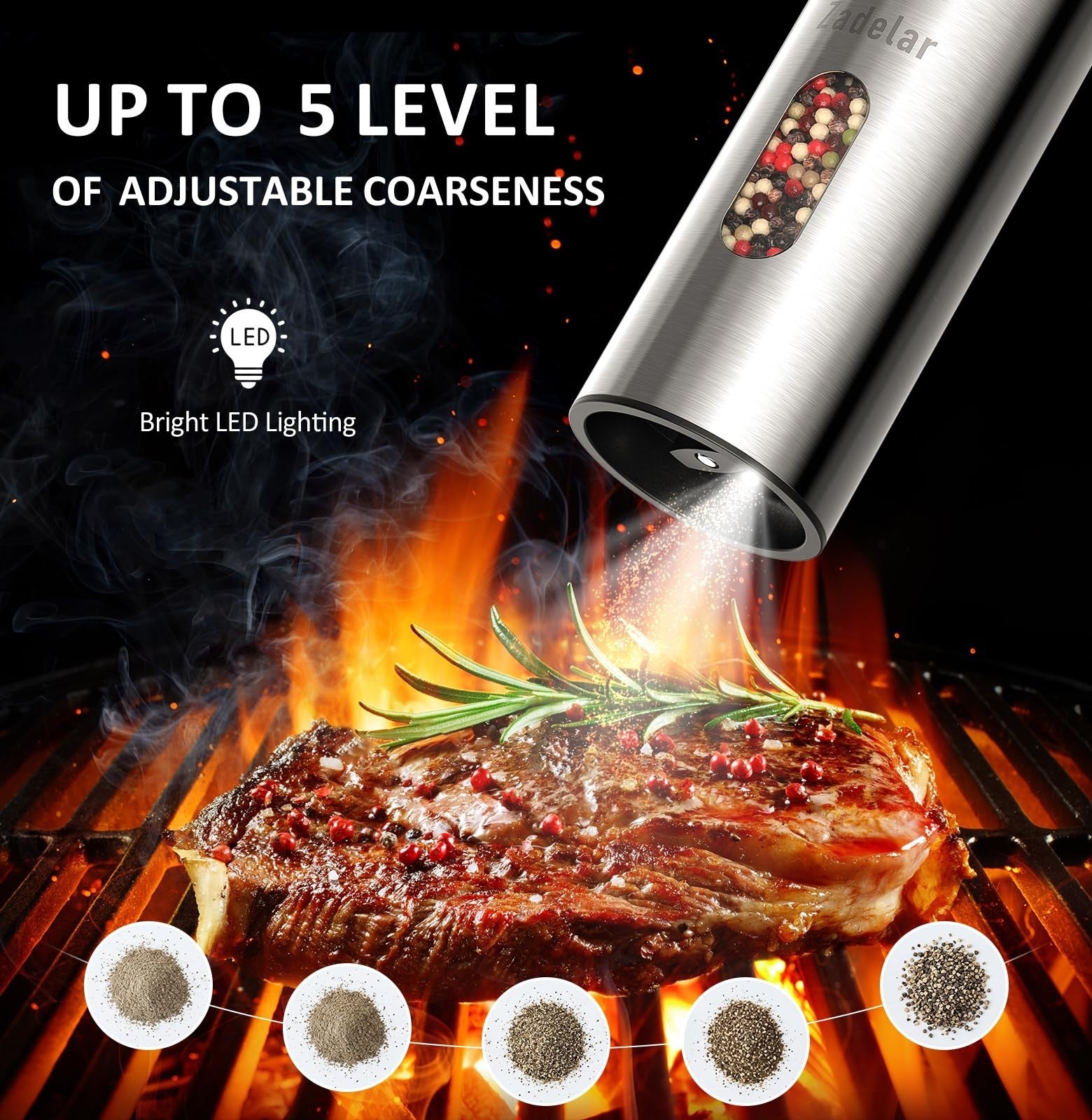 Rechargeable Electric Salt & Pepper Grinder Set   USB C, Adjustable Coarseness,5