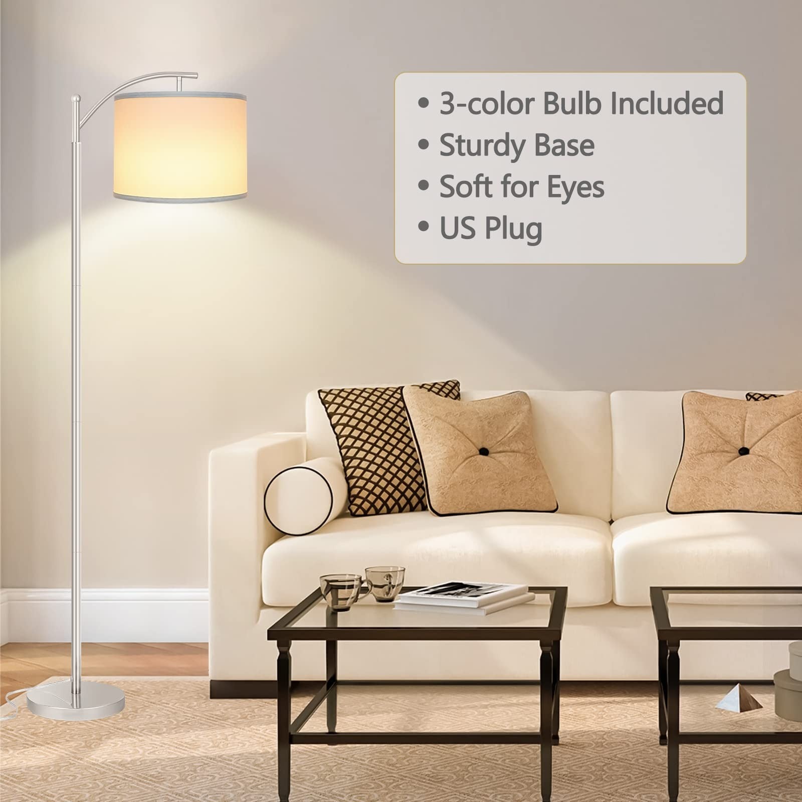 Tall Industrial Floor Lamp with 3 Color Temperatures, LED Bulb & White Shade   P4
