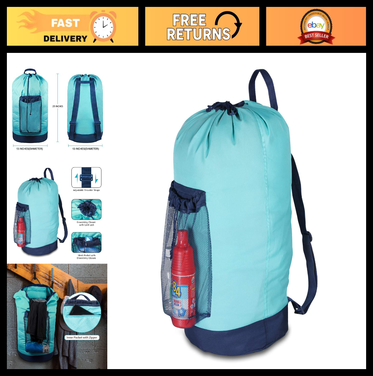 Optimized eBay Title:  "Durable Laundry Backpack with Drawstring Closure, Shoul0