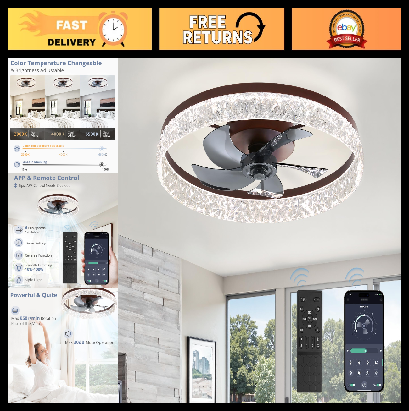22" LED Ceiling Fan with Lights & Remote   Dimmable, 6 Speeds, Flush Mount, Time0