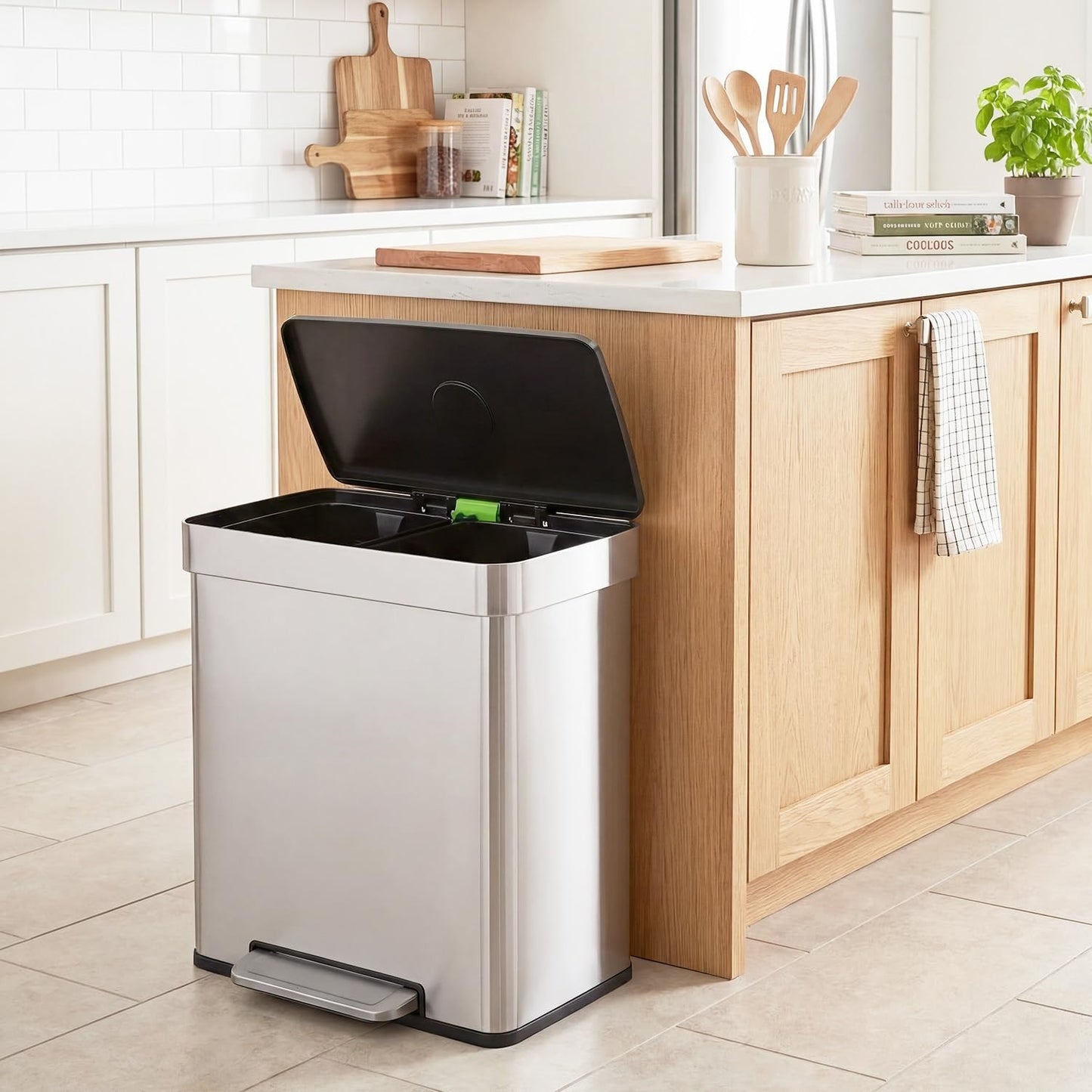 Dual Compartment 60L Stainless Steel Trash Can with Soft-Close Lid & Removable B2