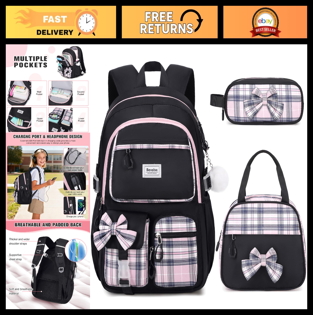 Cute Bow Backpack for Girls   School Bag with Lunch Bag & Pen Case, Stylish & Fu0
