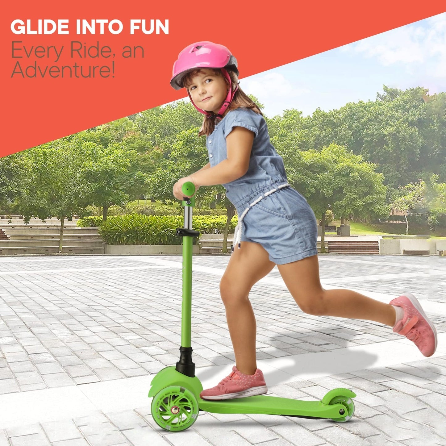Green Mini 3-Wheel Kids Scooter - LED Light-Up Wheels, Adjustable Handlebar, Ant2