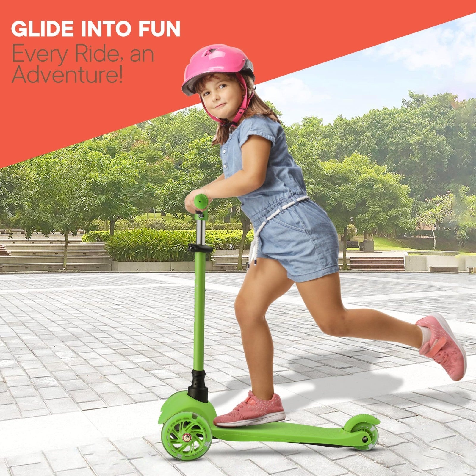 Green Mini 3-Wheel Kids Scooter - LED Light-Up Wheels, Adjustable Handlebar, Ant2