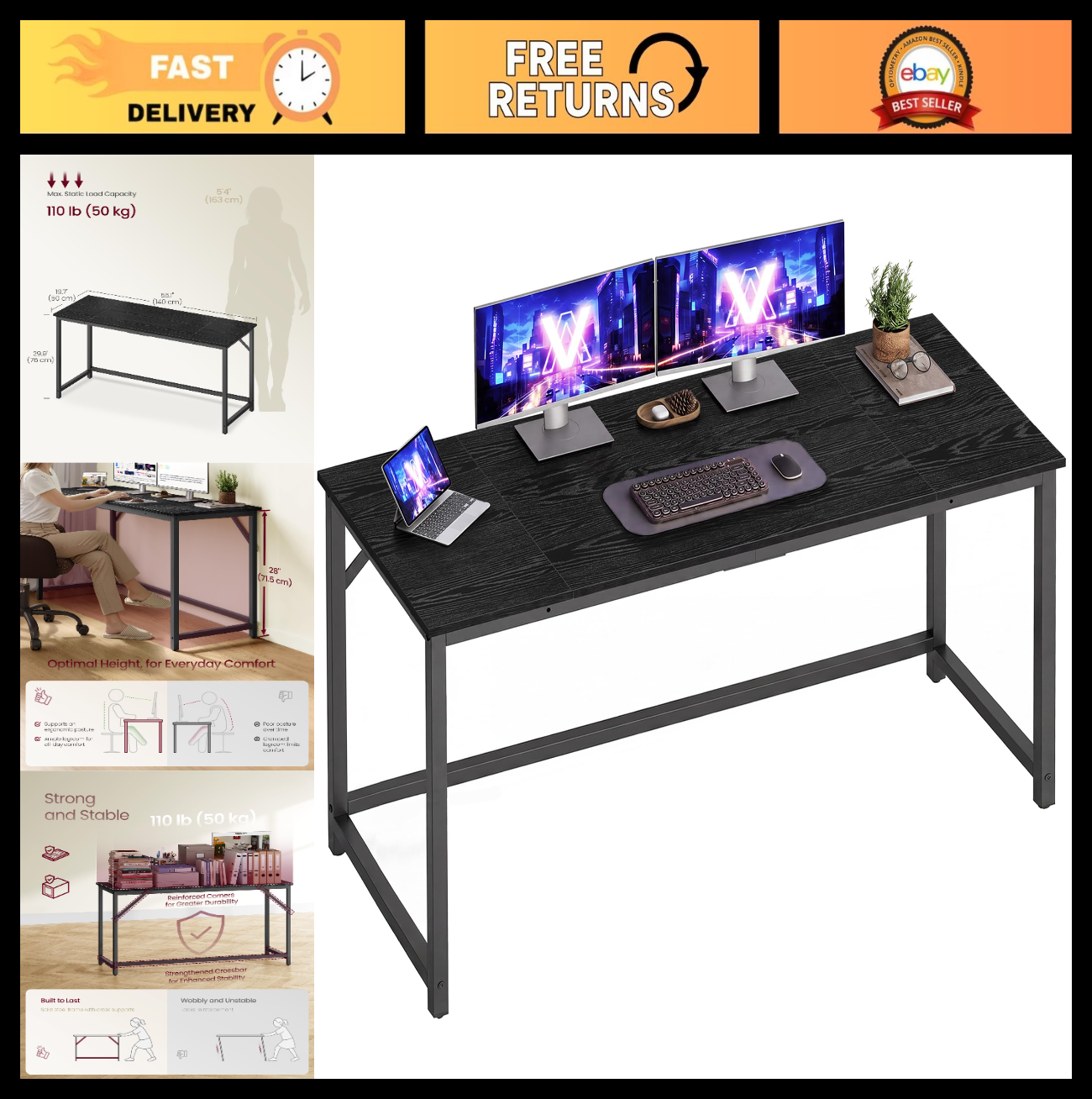 Modern Computer Desk for Home Office, 55.1” Study Workstation, Ebony Black Finis0