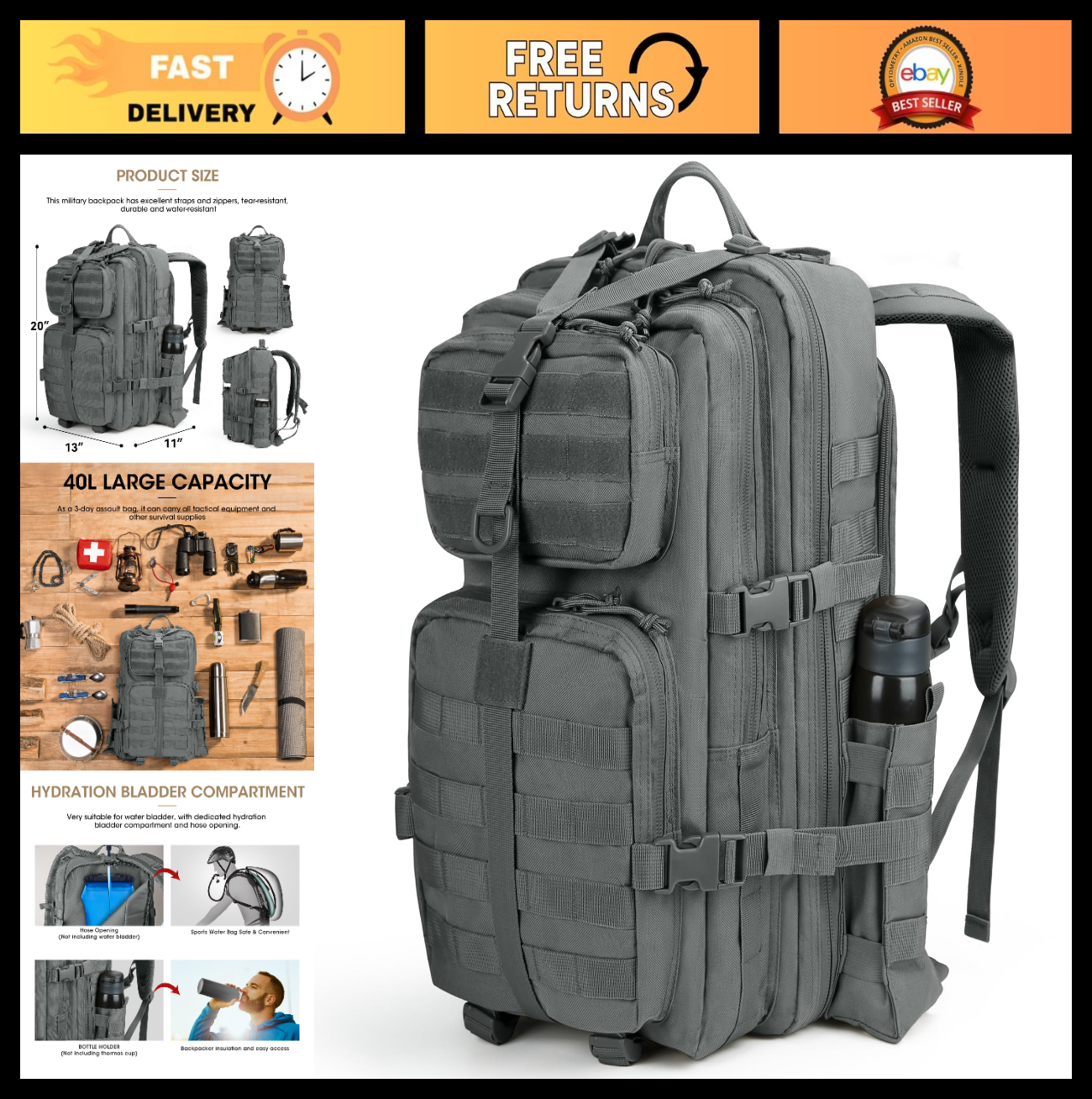 Tactical Military Backpack for Men   3 Day Survival Gear, Grey, Outdoor Travel0