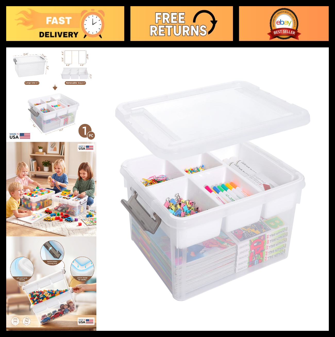 Clear Craft Organizer 17QT Storage Box with Removable Tray   Ideal for Crafts &0
