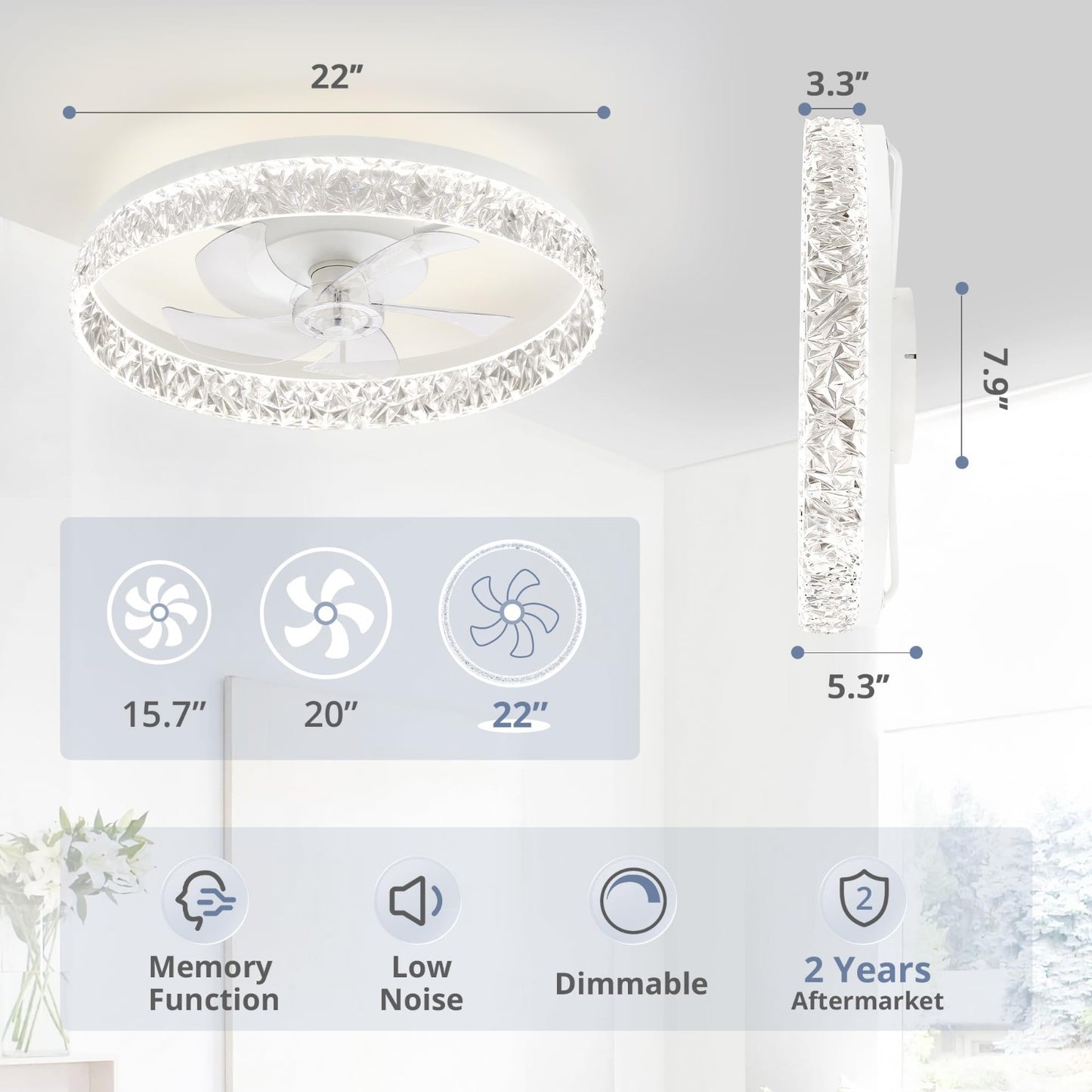 22" LED Ceiling Fan with Lights & Remote | Dimmable, 6 Speeds, Flush Mount, Time2