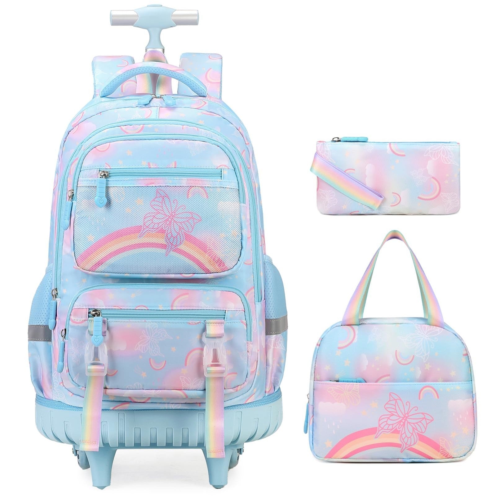 3PCS Girls Rainbow Butterfly Rolling Backpack Set with Lunch Box   Blue1