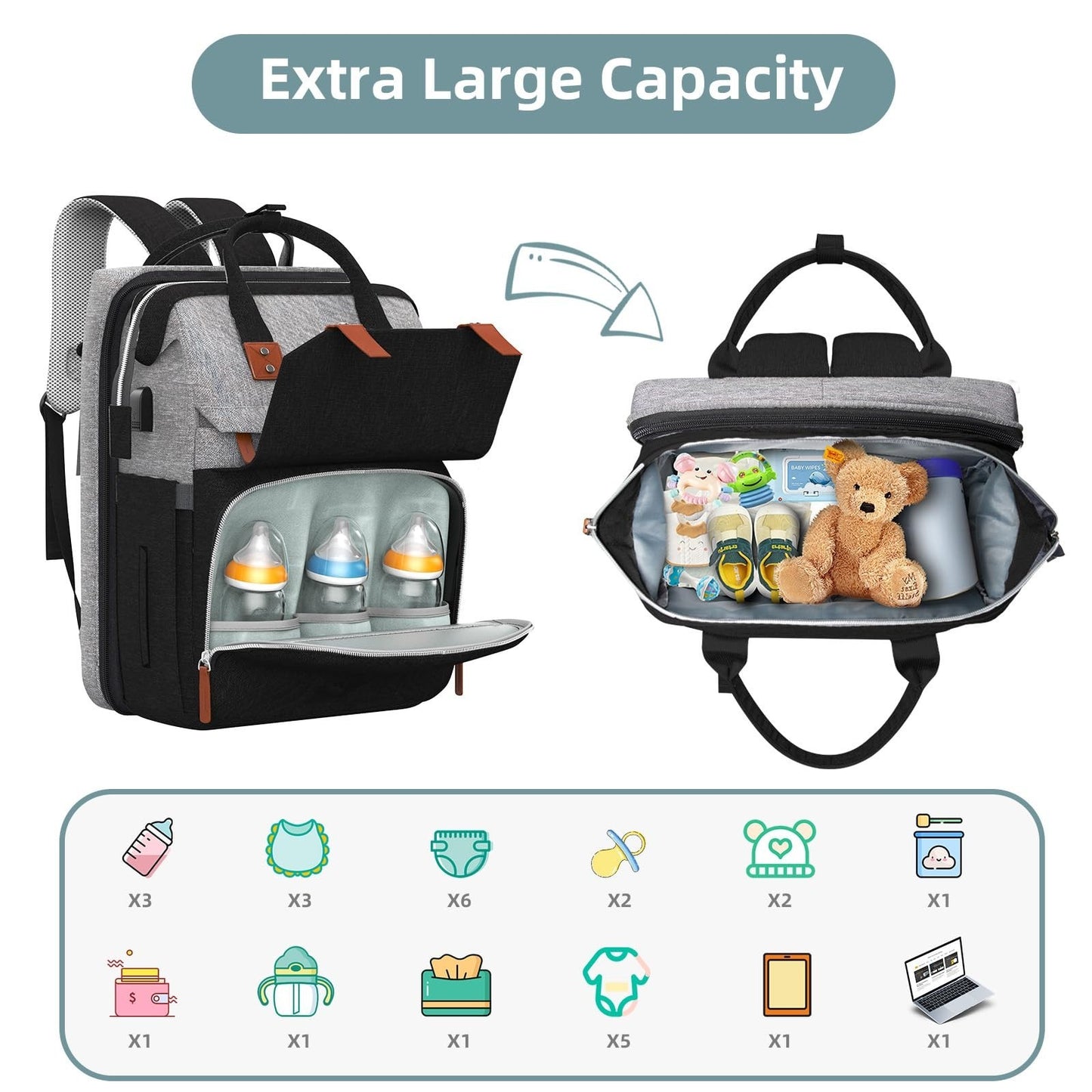 Diaper Bag Backpack with Changing Station   Stylish Baby Diaper Bag, Grey/Black2