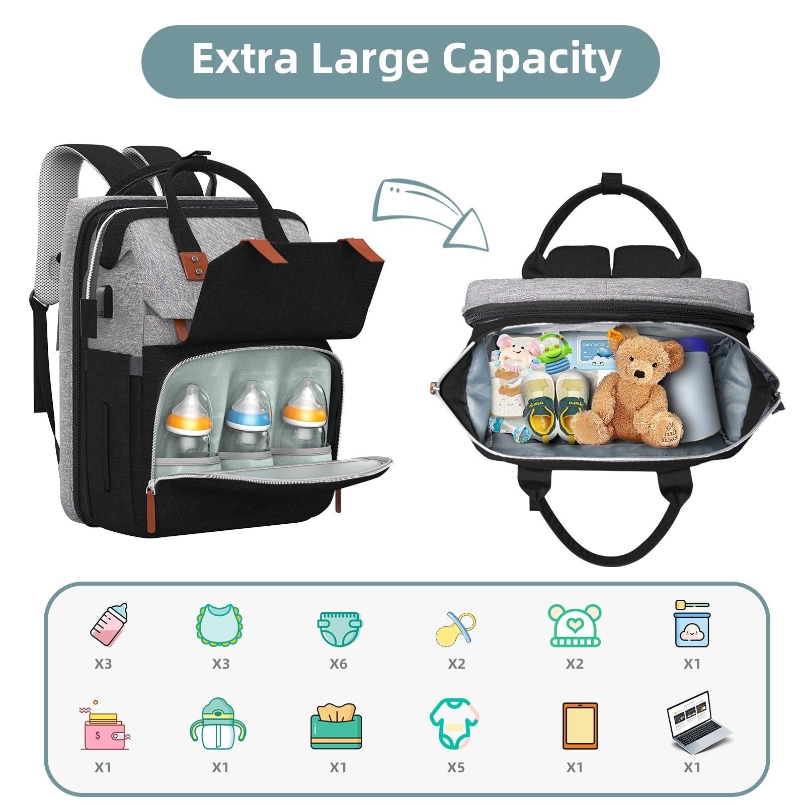 Diaper Bag Backpack with Changing Station   Stylish Baby Diaper Bag, Grey/Black2