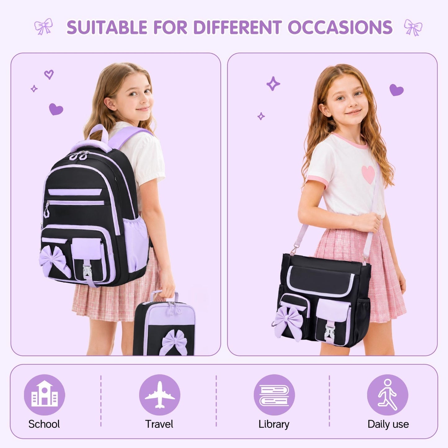 4PCS Girls Backpack Set   Stylish Tote Bag, Lunch Bag & Pencil Case Included5