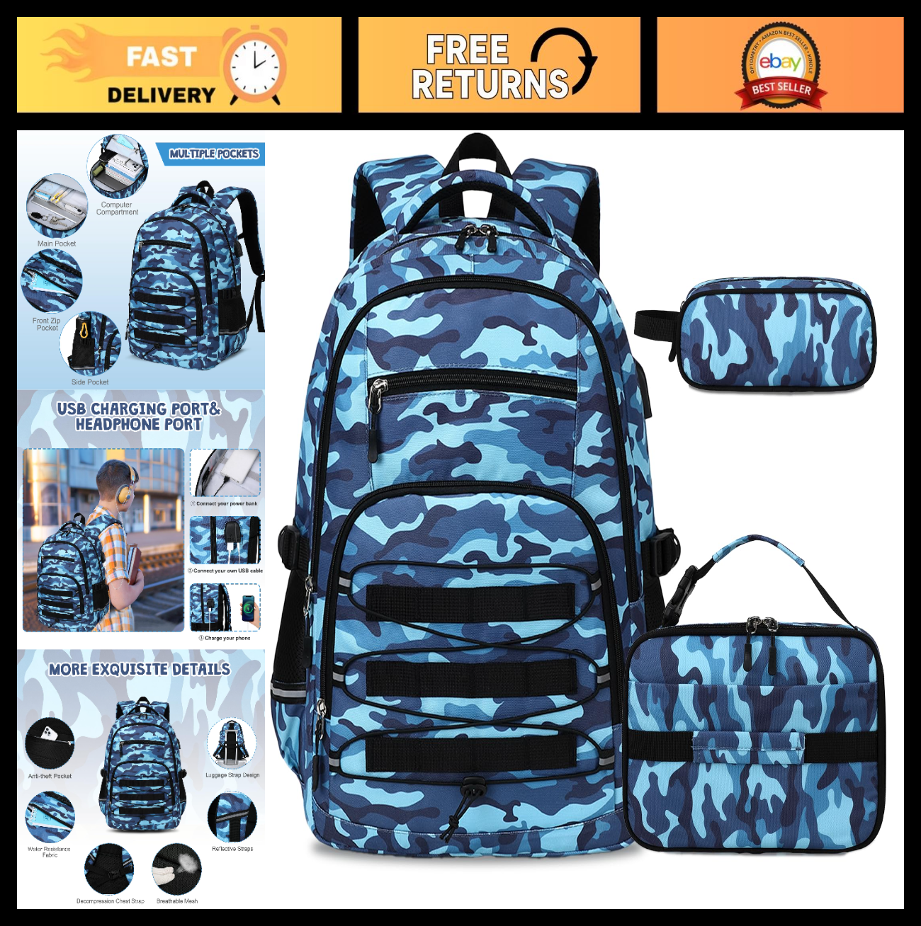 Tactical Camo Backpack for Boys   School Bag Set with Lunch Bag & USB Port0