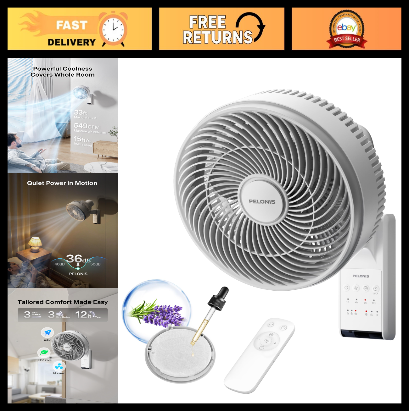 14" Wall Mount Fan with Remote Control, Oscillating, 3 Speeds, 90° Tilt, Quiet 30
