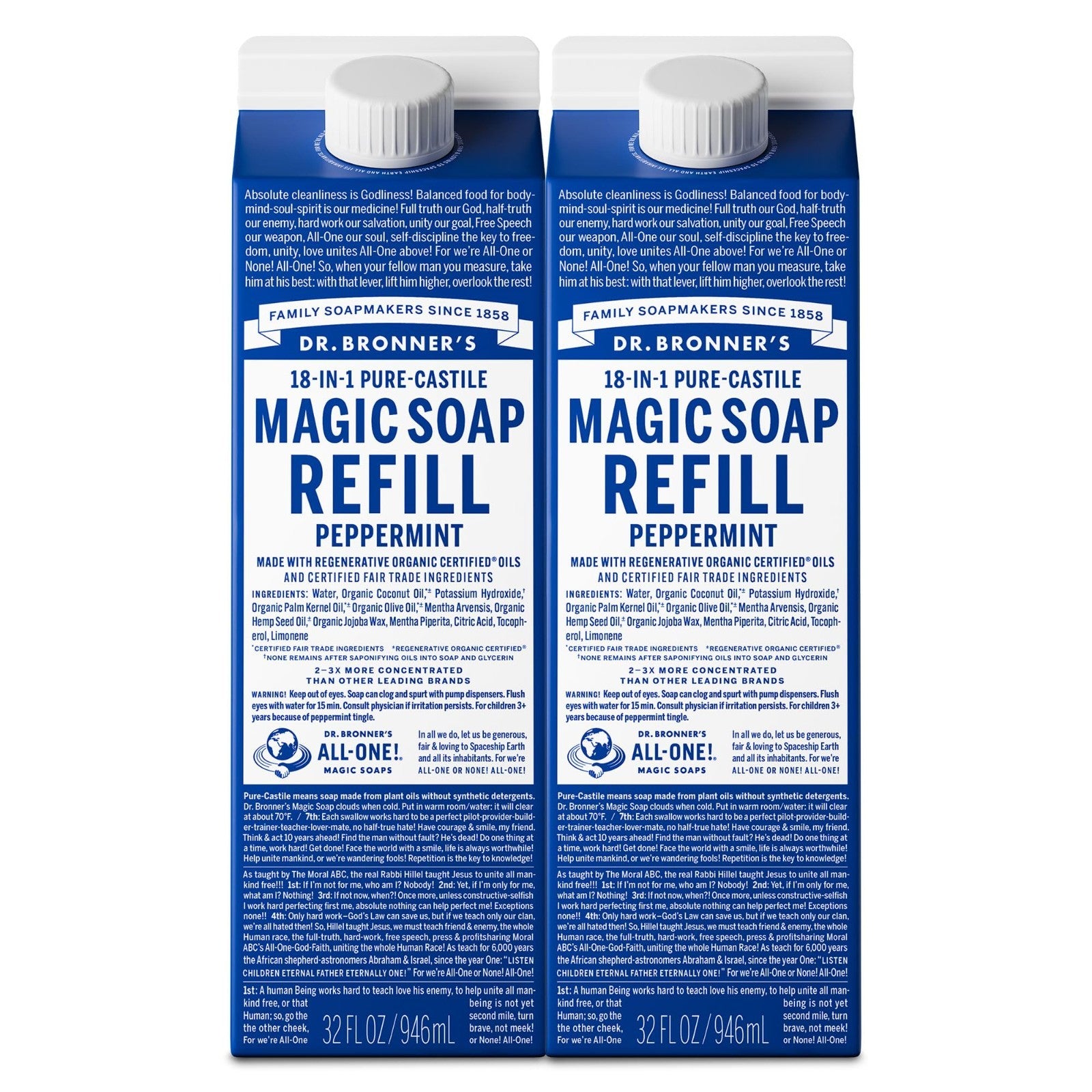 Pure Castile Liquid Soap Refill 32oz (2-Pack) - Peppermint, Organic, Vegan, Mult1