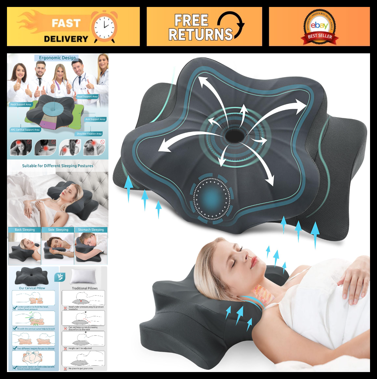 Cervical Pillow for Neck & Shoulder Pain Relief, Cooling Memory Foam, Ergonomic0