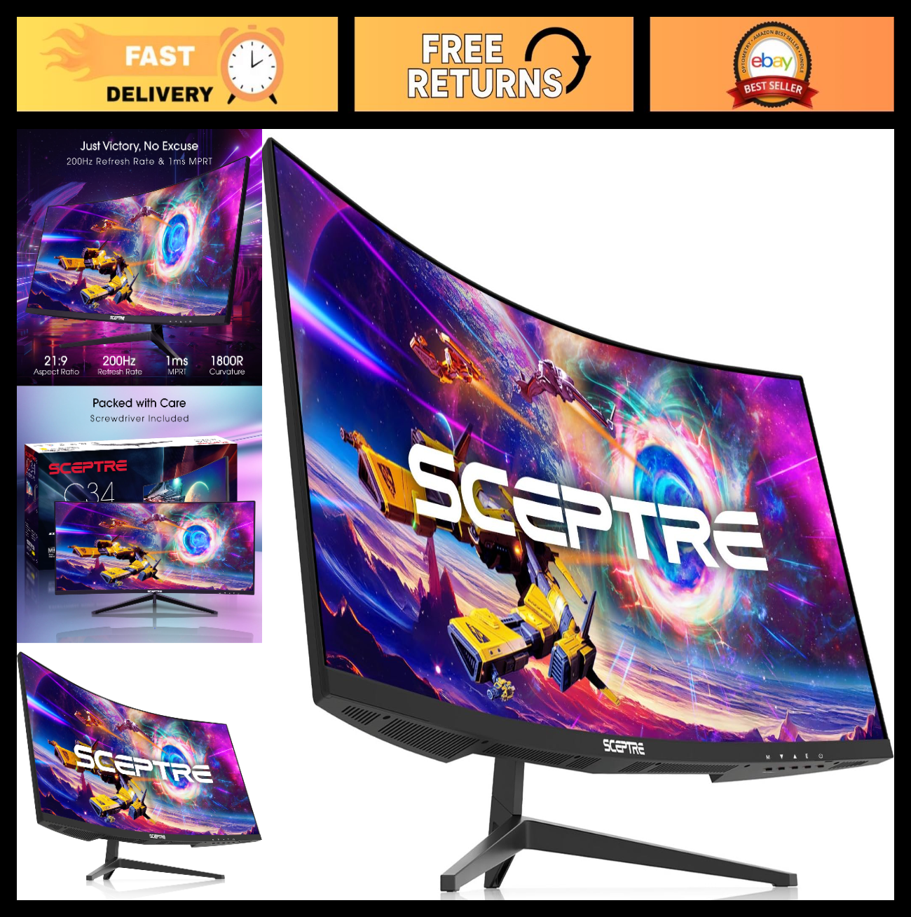 30" Curved Gaming Monitor 21:9 UltraWide 2560x1080 200Hz HDMI DisplayPort Built-0
