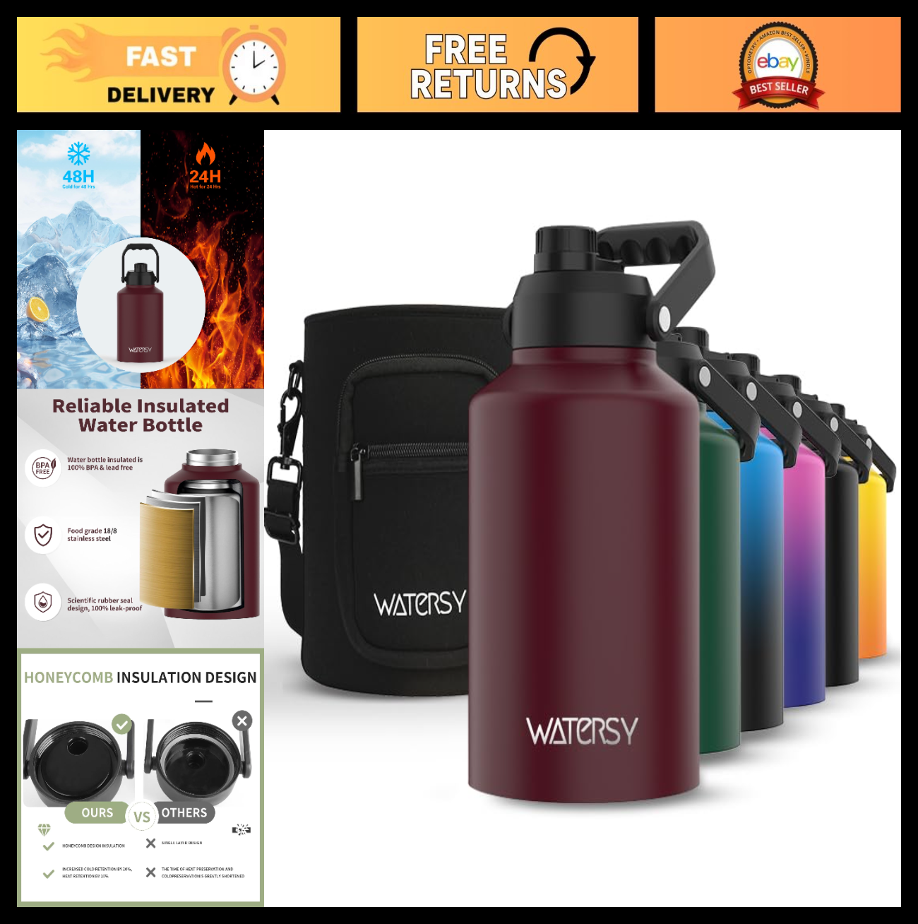 Insulated 1 Gallon Water Bottle - 128oz Stainless Steel, BPA Free, Leak Proof, C0