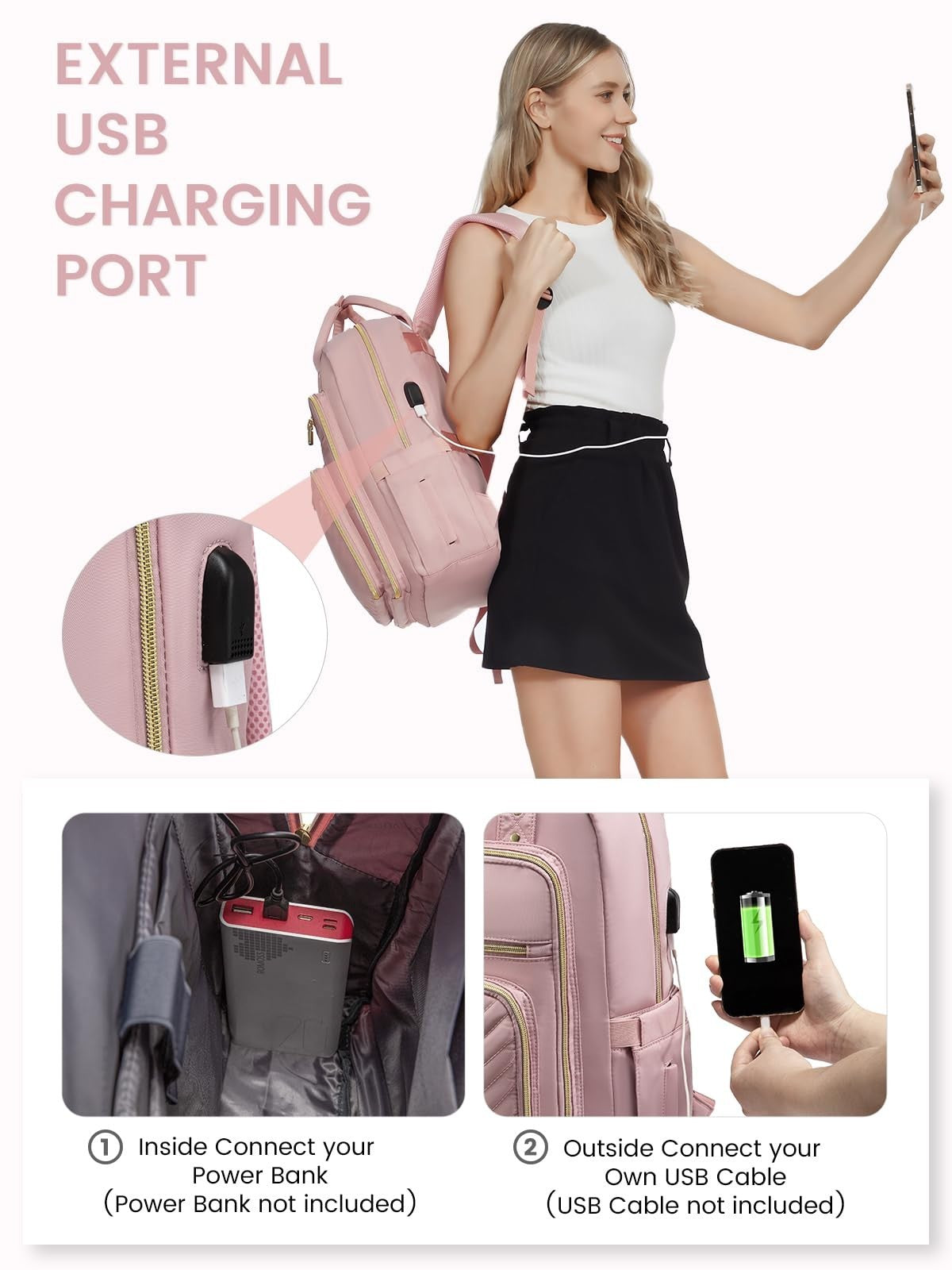 Stylish 15.6" Laptop Backpack for Women, Waterproof Daypack with USB Port, Pink6