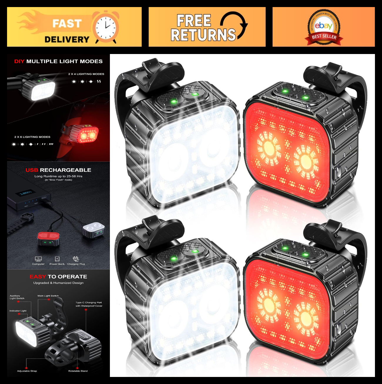 Super Bright Rechargeable Bike Lights Set   Waterproof, Multiple Modes, Front &0