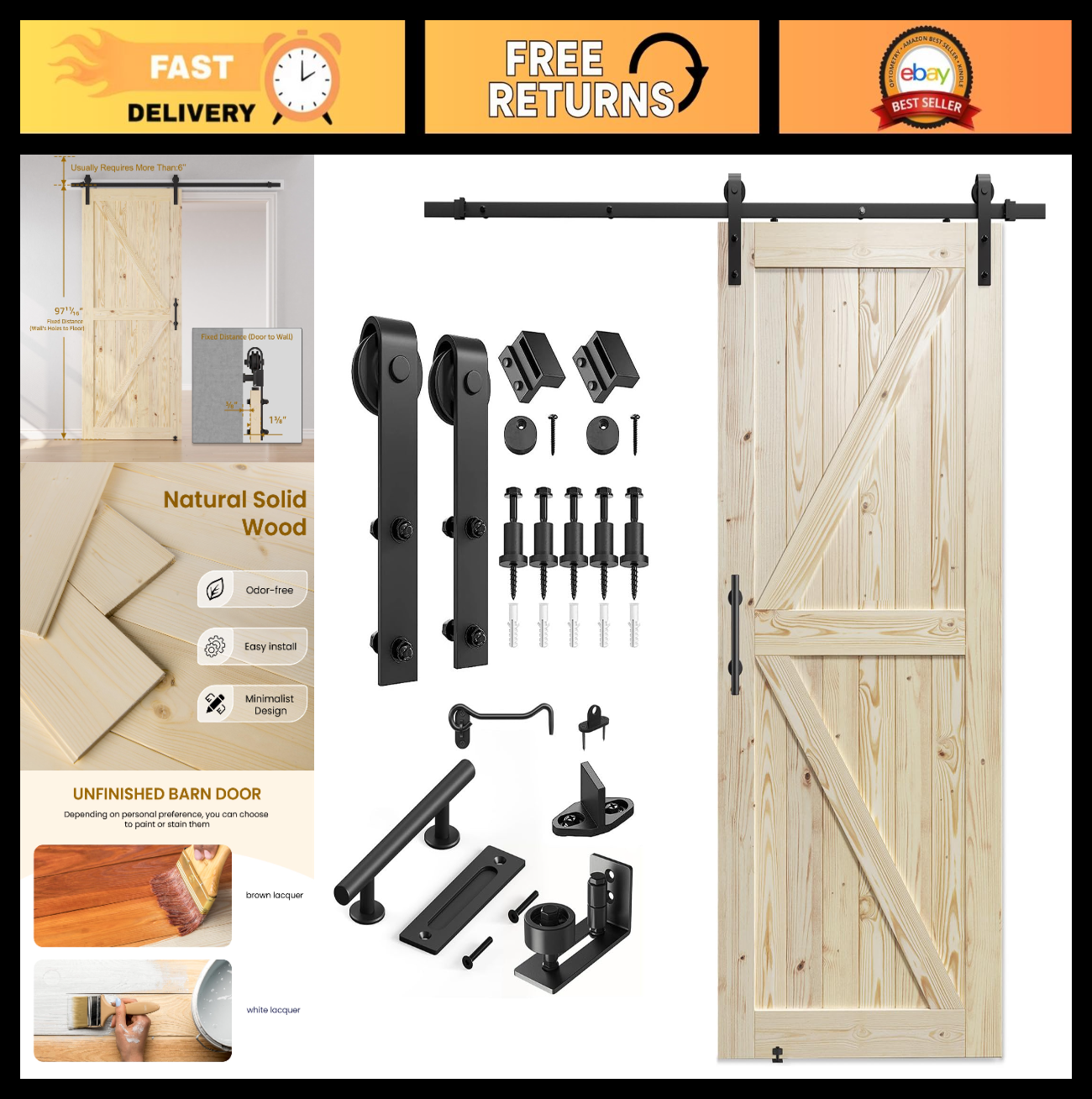 36"x96" Unfinished Solid Spruce Sliding Barn Door Kit with 6.6ft Hardware, DIY A0