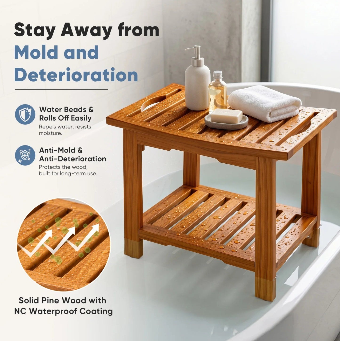 Wooden Shower Stool 18IN/14IN Waterproof Bench with Storage Shelf & Handles, 3005