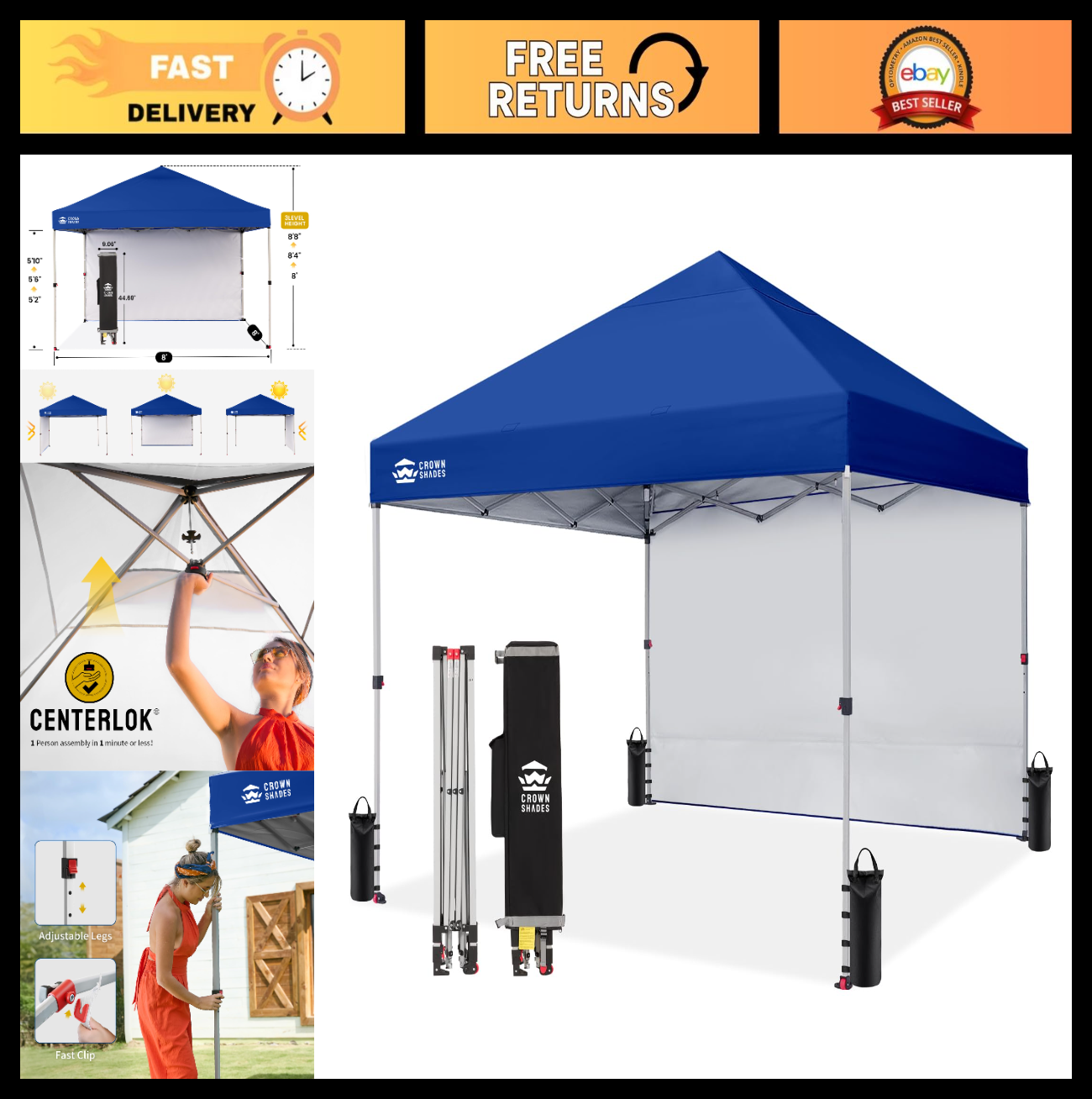 8x8 Pop Up Canopy Tent with Side Wall, Easy Setup Outdoor Gazebo, Beach Shade, N0