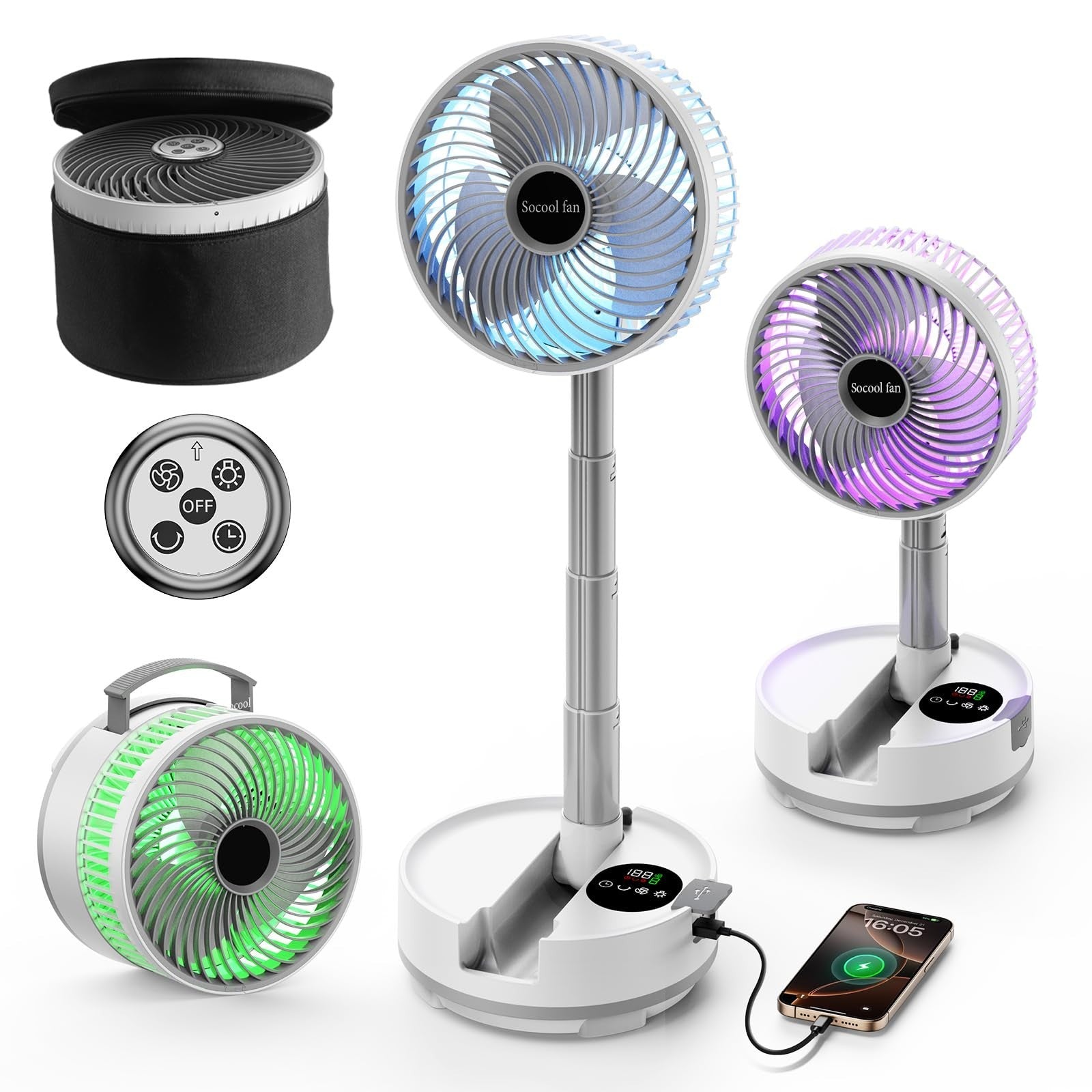 20000mAh Portable Rechargeable Fan   Foldable, 8 Speed, 112H Battery Life, Remot1