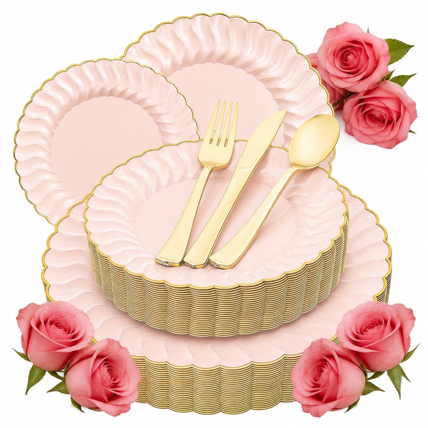 125pcs Pink Scalloped Disposable Plates & Gold Silverware for Party, Baby Shower1