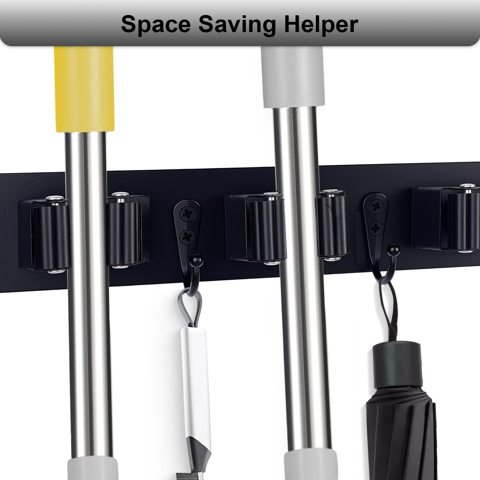 Wall Mounted Broom Holder with 5 Slots & 4 Hooks - Rustic Wood Tool Organizer Ra3