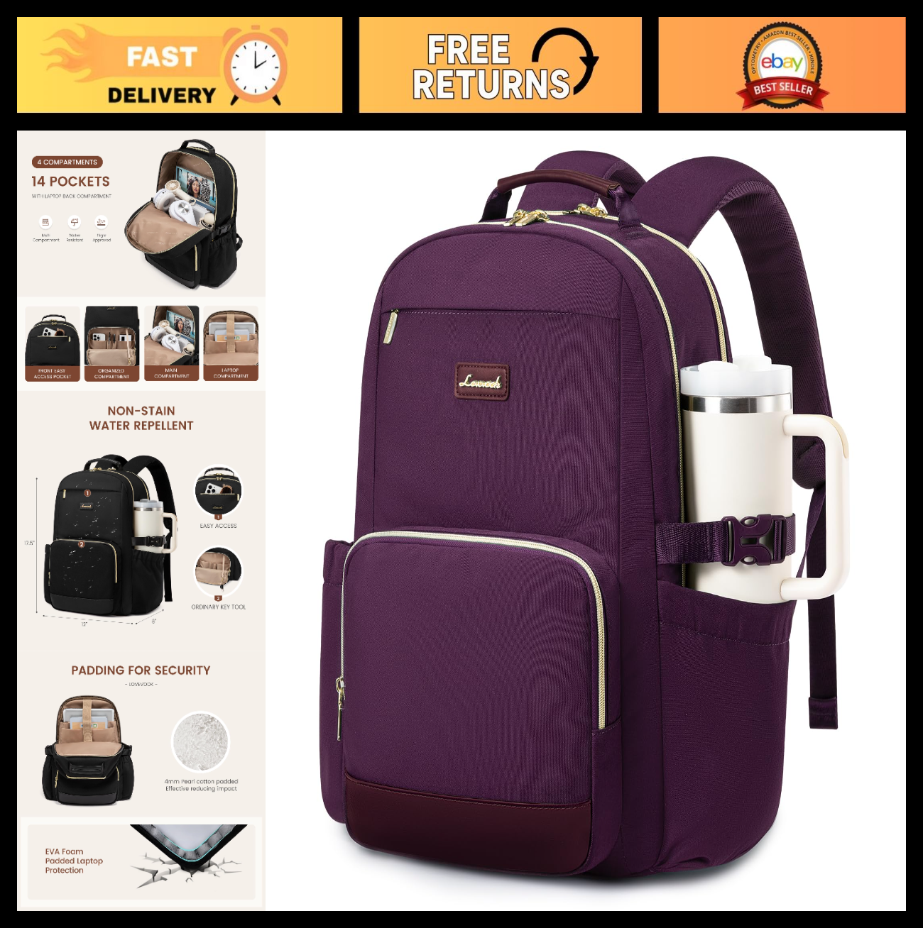 Stylish Waterproof Laptop Backpack for Women, 15.6" Large Capacity Travel Bag, D0