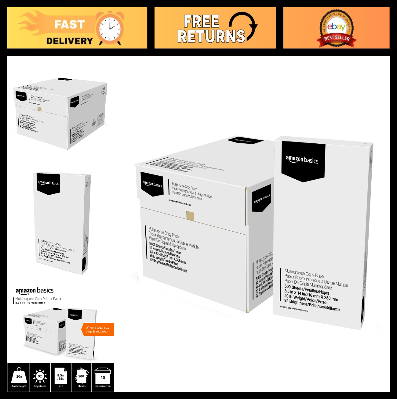 Multipurpose Copy Printer Paper, 20 lb, 8.5x14", 5000 Sheets, 92 Bright White, 10