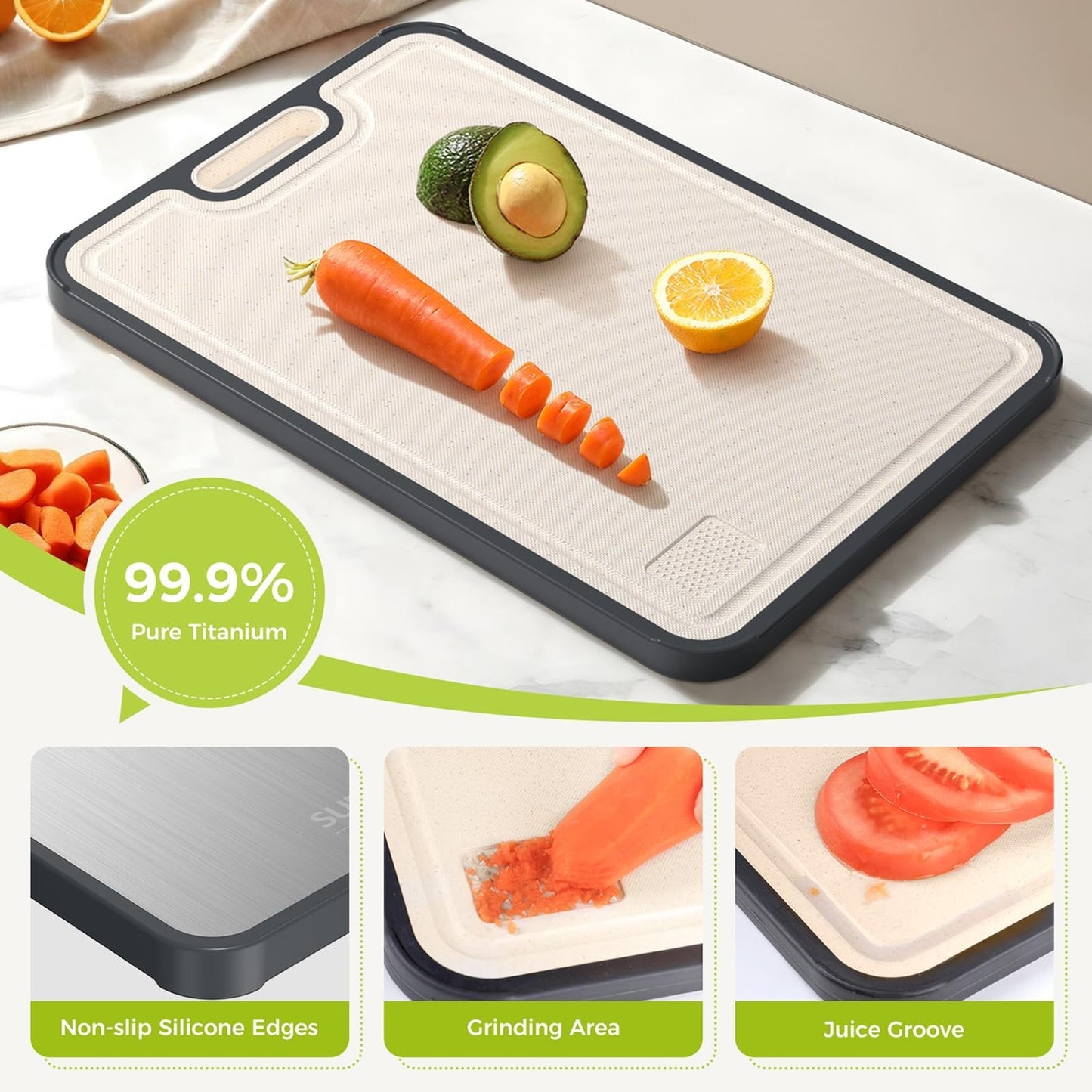 Large Double Sided Titanium Cutting Board, Food Grade, Easy to Clean 16”x115