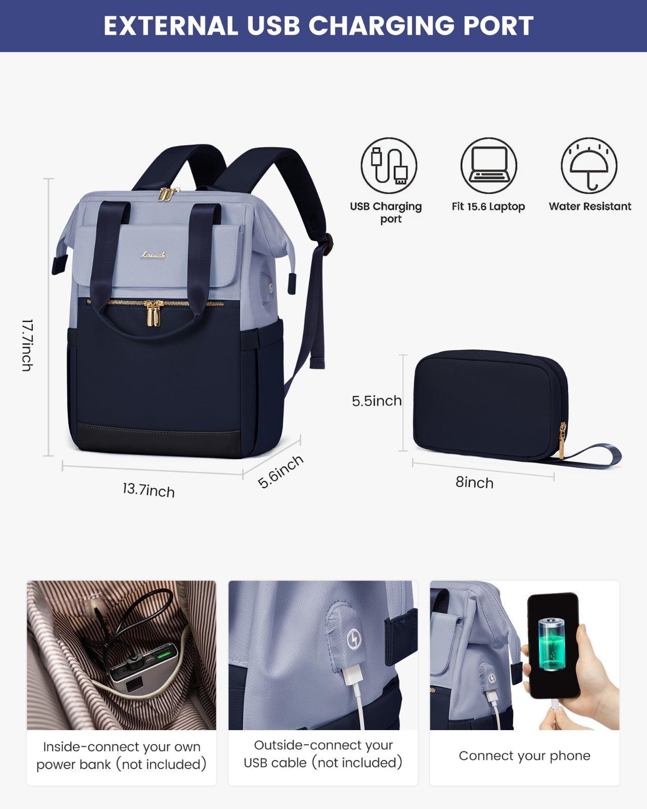 Stylish 15.6" Laptop Backpack for Women, USB Port, Waterproof Travel Bag, Organi2