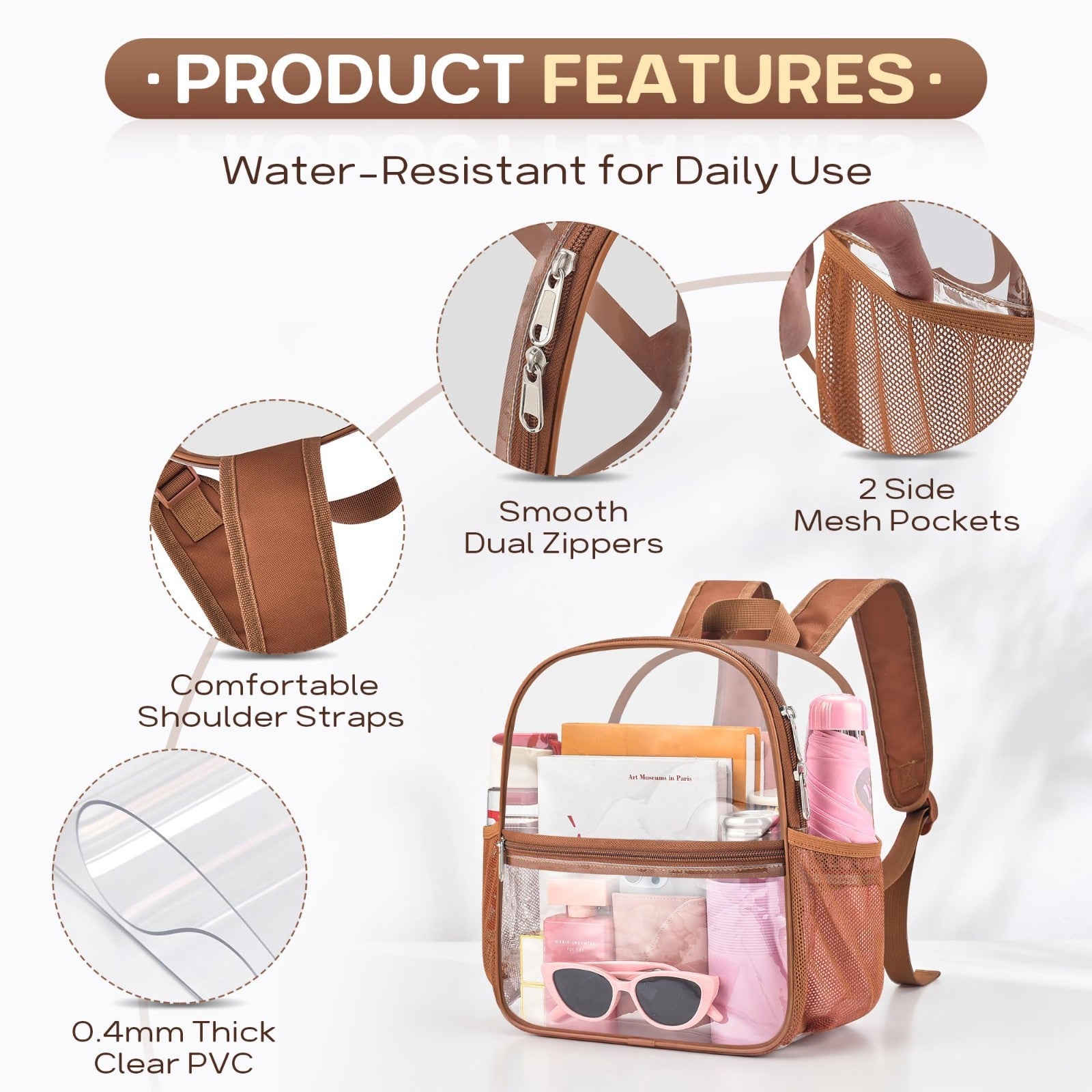 Clear Stadium Backpack - 12x6x12, Durable PVC, 2 Side Pockets, Ideal for Events3
