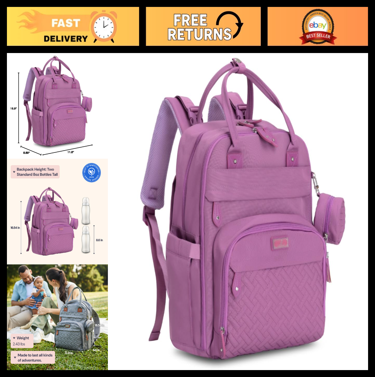 Multi Function Water Resistant Diaper Bag Backpack   Baby Travel Tote, Changing0
