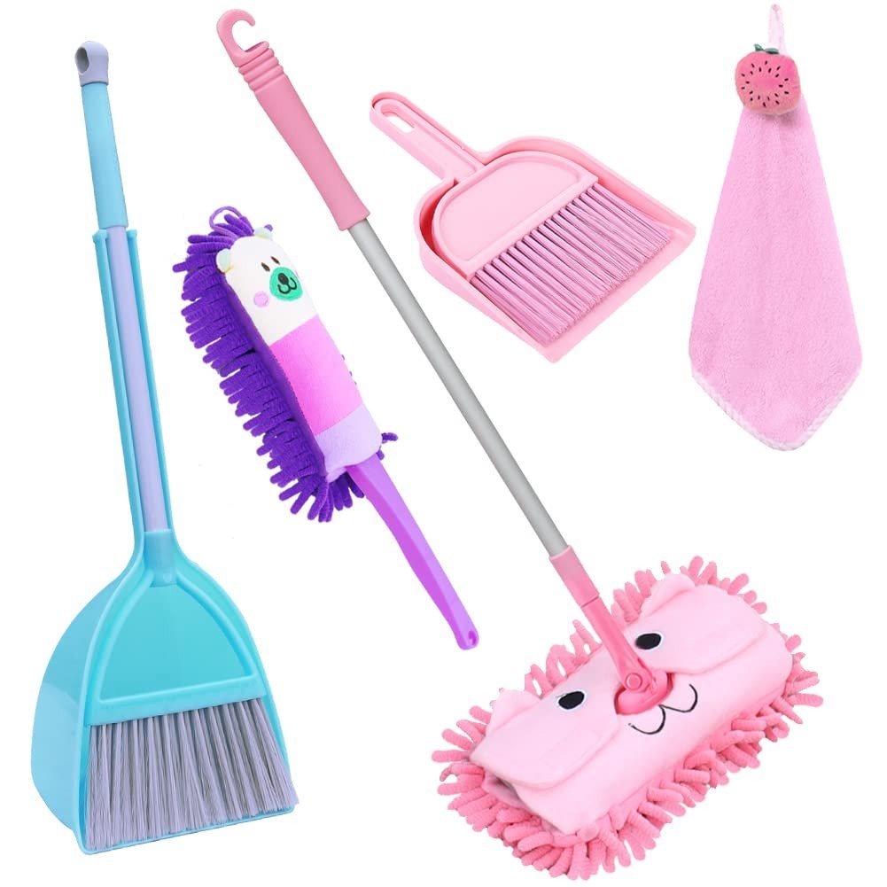 7 Pack Kids Cleaning Set - Housekeeping Tools, Mop, Broom, Apron, Duster, Role P1